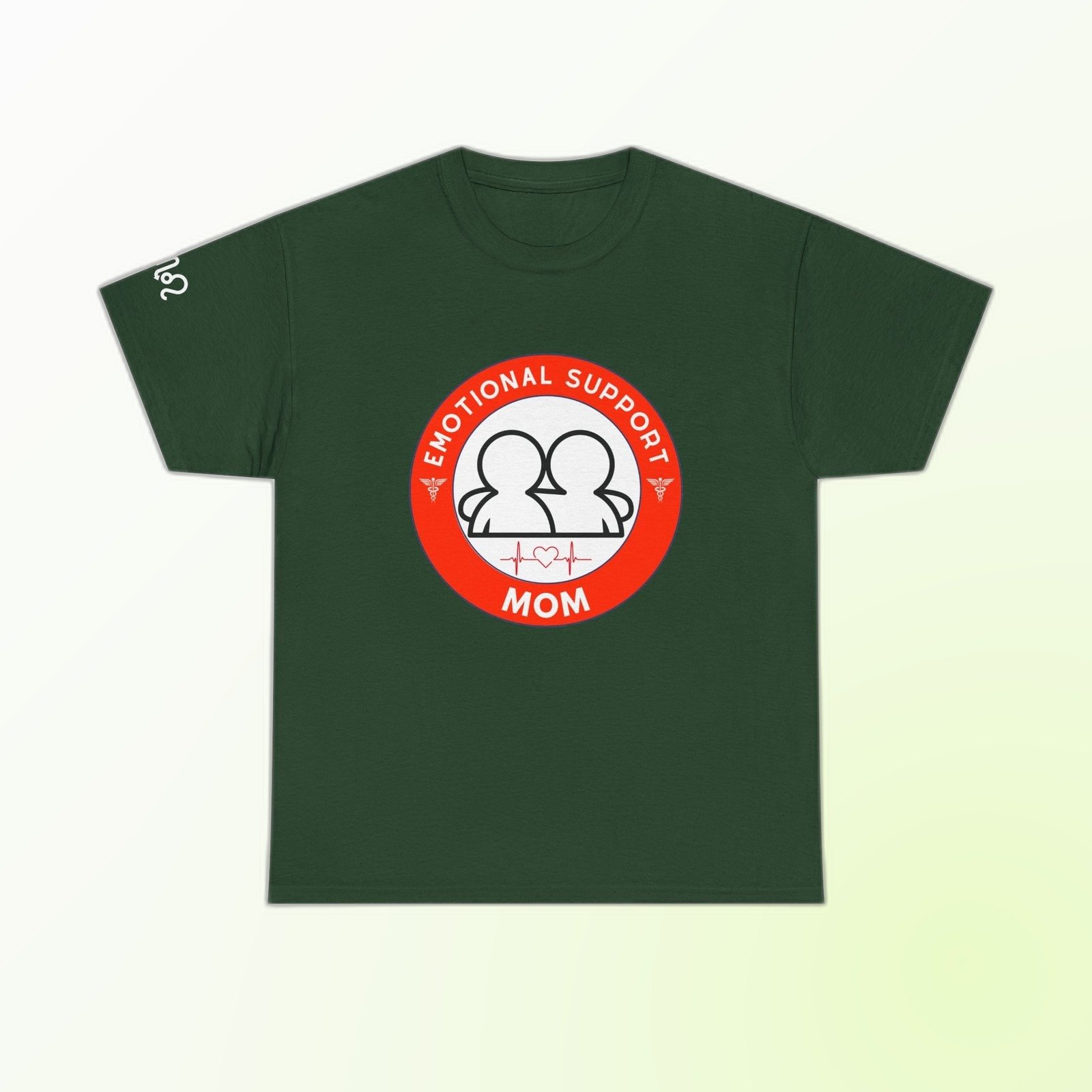 Red-and-white Emotional Support Mom badge graphic on Forest Green Gildan 5000 crewneck tee