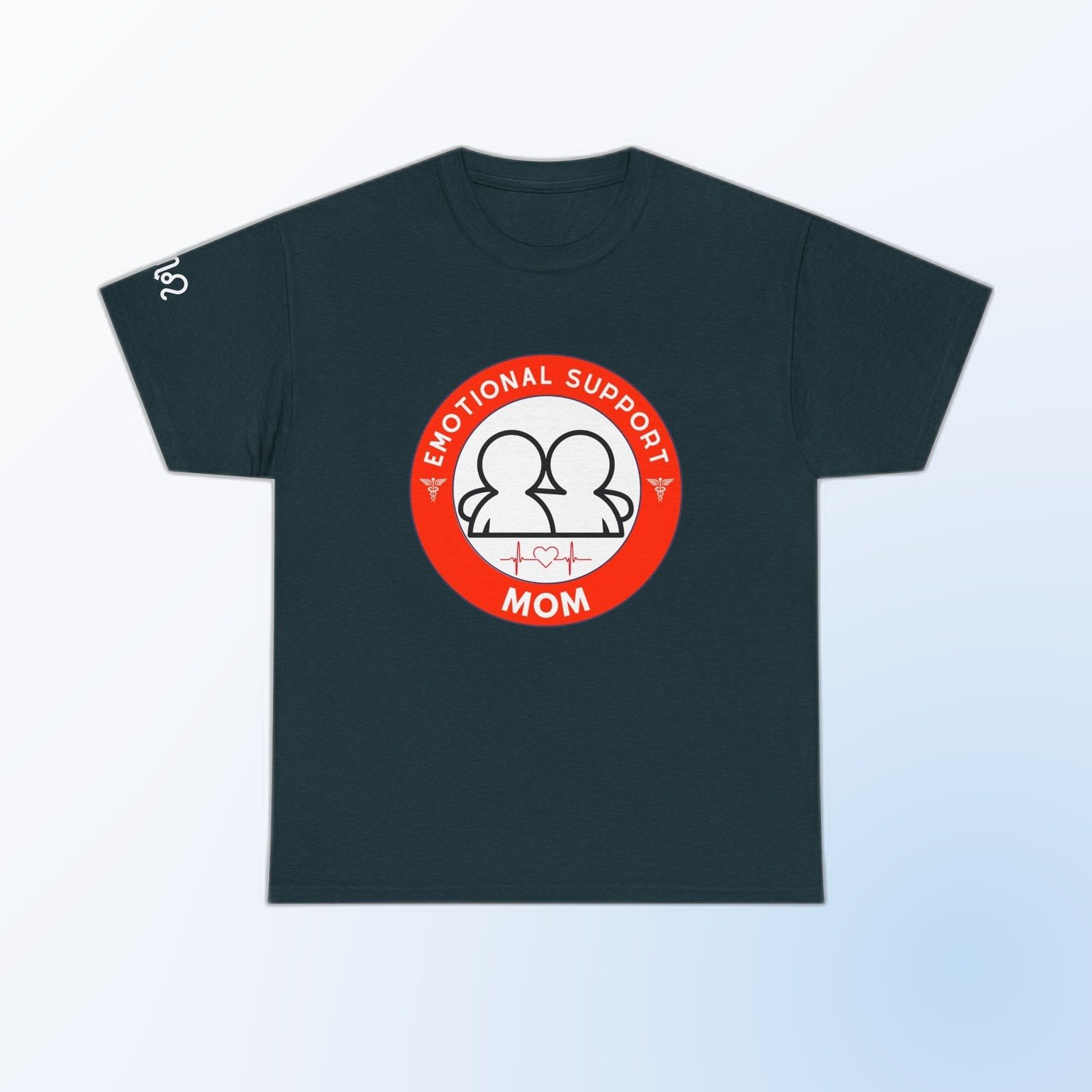 Red-and-white Emotional Support Mom badge graphic on Midnight Gildan 5000 crewneck tee