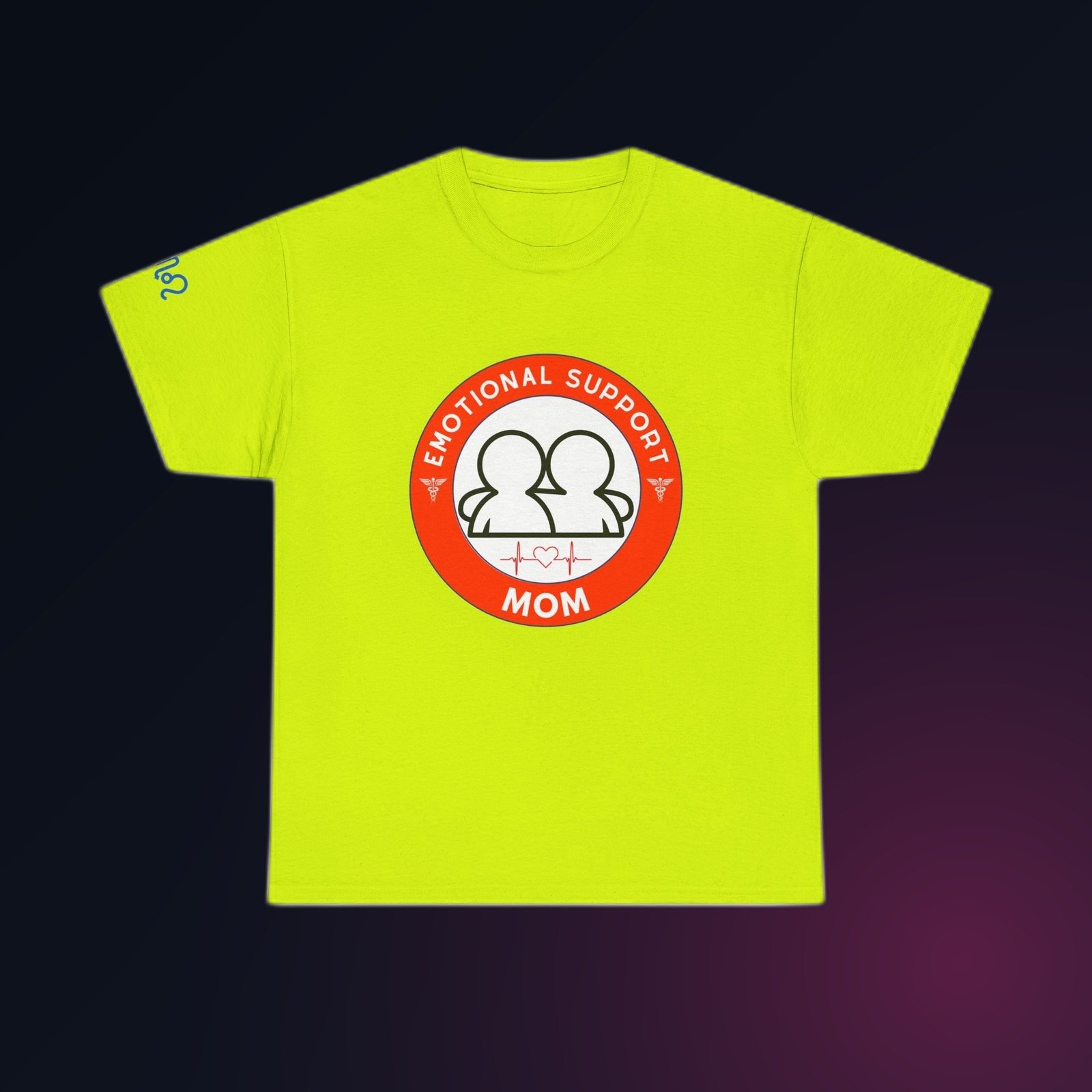 Red-and-white Emotional Support Mom badge graphic on Safety Green Gildan 5000 crewneck tee