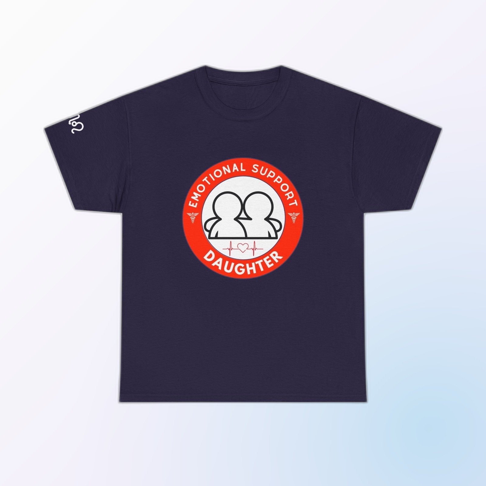 Red-and-white Emotional Support Daughter badge graphic on Blackberry Gildan 5000 crewneck tee
