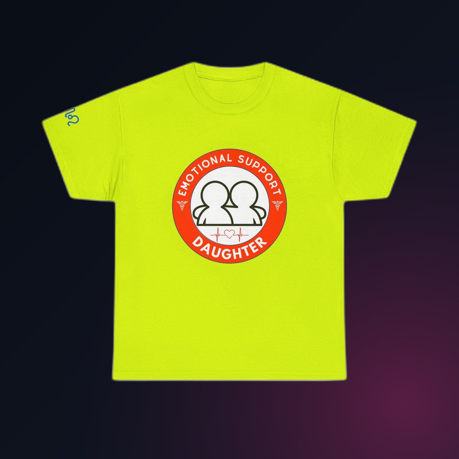 Red-and-white Emotional Support Daughter badge graphic on Safety Green Gildan 5000 crewneck tee