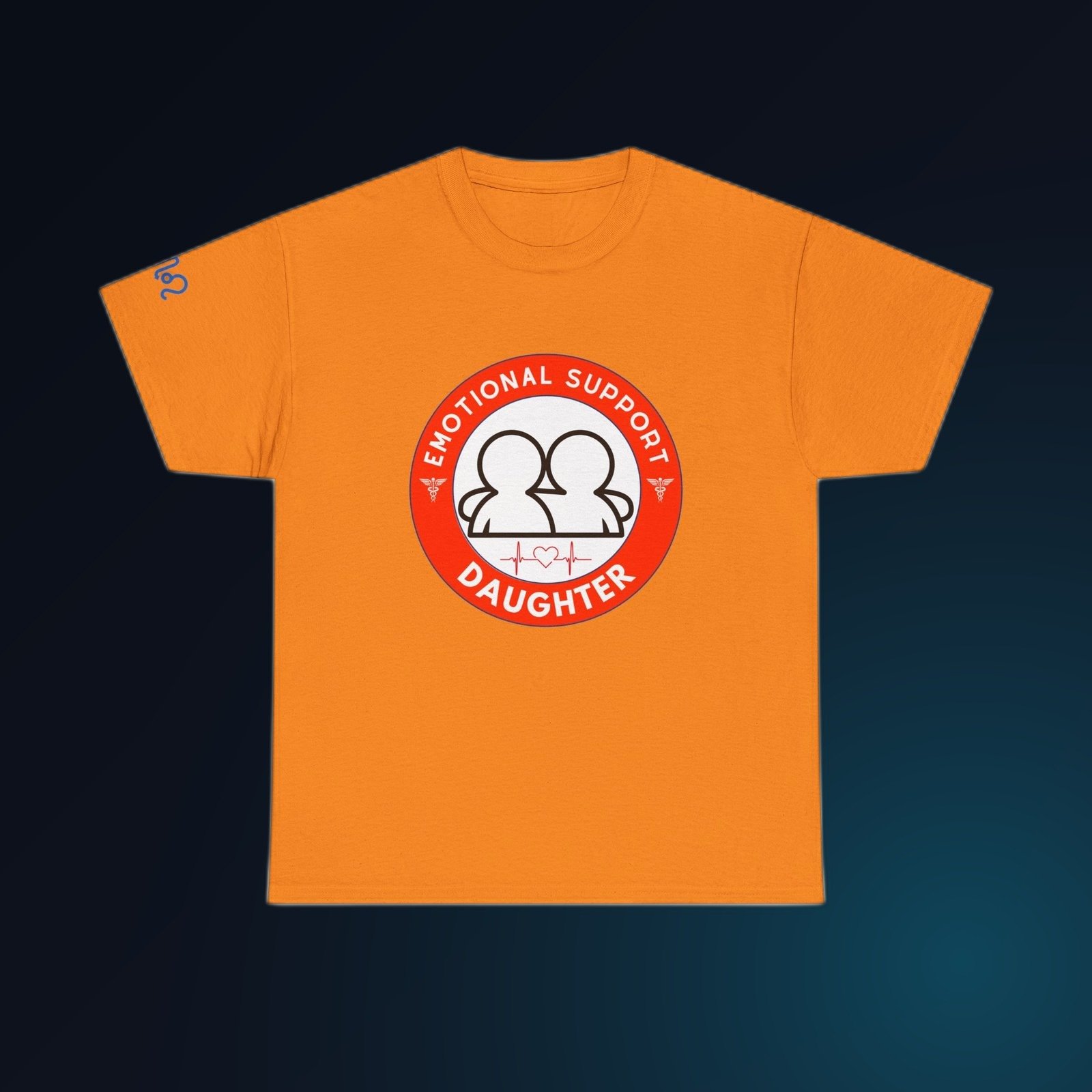 Red-and-white Emotional Support Daughter badge graphic on Safety Orange Gildan 5000 crewneck tee